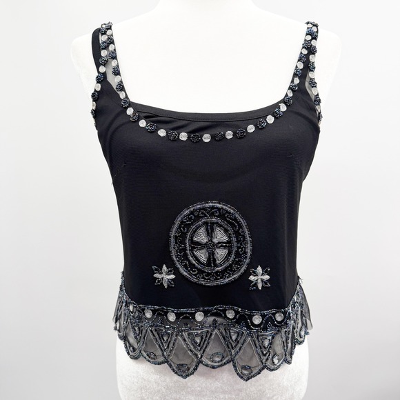 Vintage Tops - Vintage Y2K Papell Boutique Beaded Mesh Overlay Tank in Black Size Small